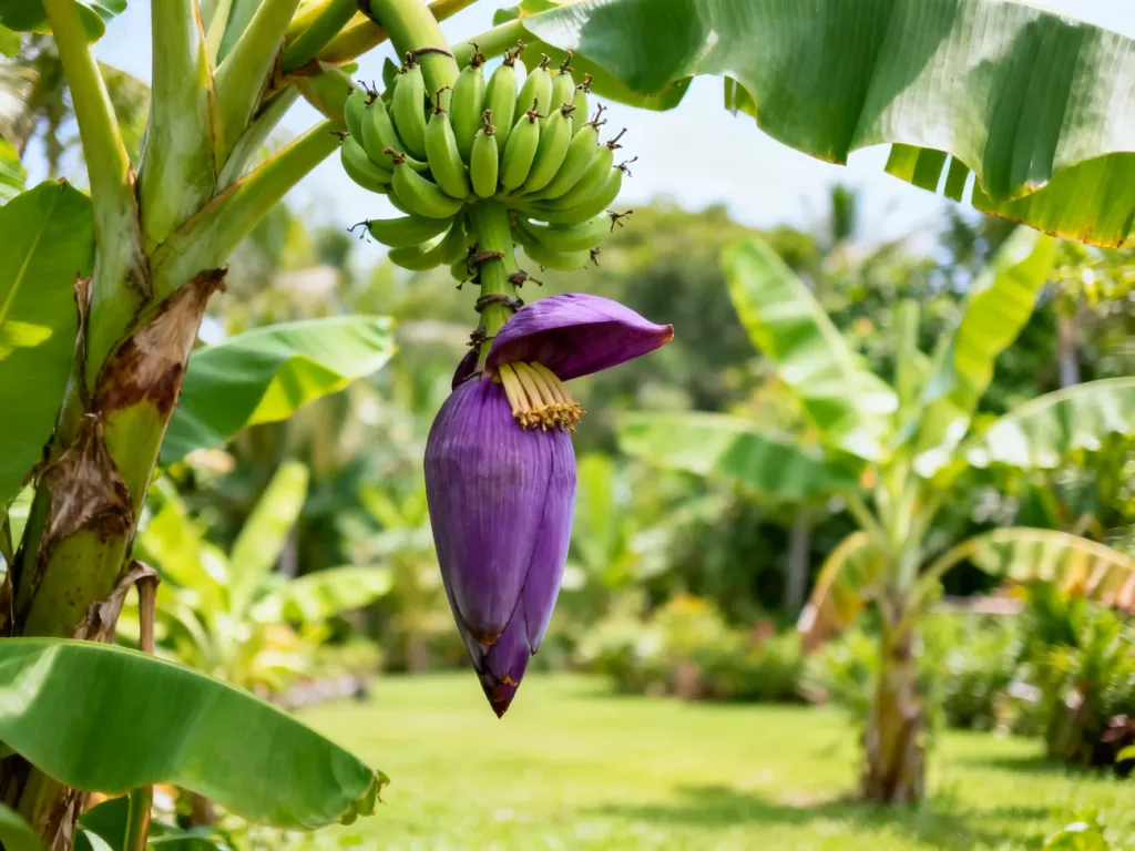Fioletowy kwiat bananowca zwisający pod młodymi zielonymi bananami, otoczony bujnymi zielonymi liśćmi w tropikalnym ogrodzie.